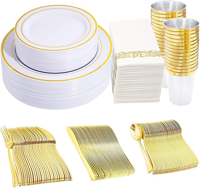 350 Pieces White and Gold Plastic Plates by WDF