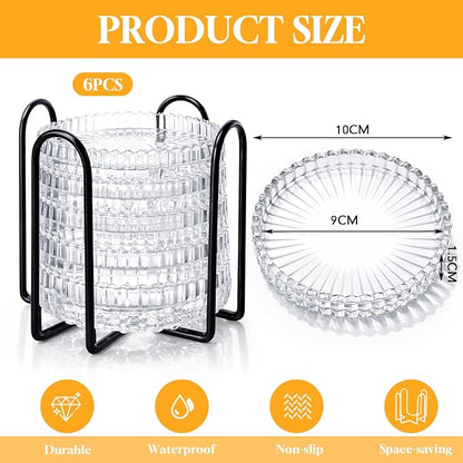 6 Pcs Glass Coasters with Holder Clear Drink Coasters Crystal Round Beverage - Image 2