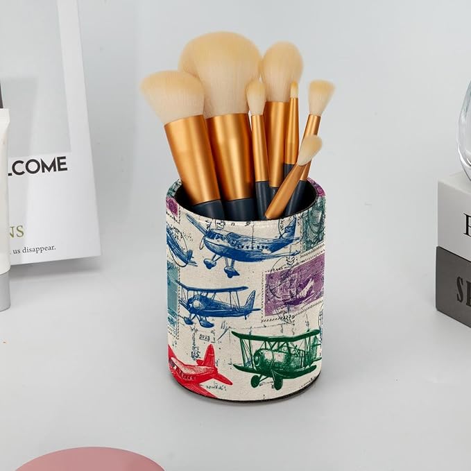 Leather Pen Holder for Desk, Airplane Retro Stamps Pencil Cup Pen Organizer - Image 6