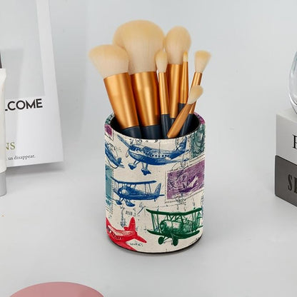 Leather Pen Holder for Desk, Airplane Retro Stamps Pencil Cup Pen Organizer - Image 6