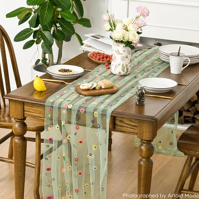 Artoid Mode Sage Green Embroidery Daisy Gauze Table Runner 120 Inch 10FT | - Image 4