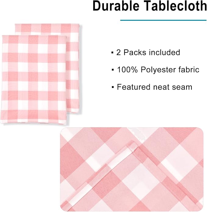 Plaid Tablecloth 2 Pack, 54 x 80 inch, Peach Pink and White | Waterproof - Image 3
