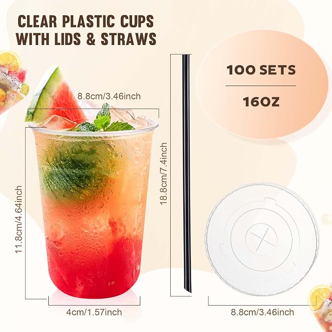 tchrules 100 Set 16oz Clear Round Bottom Plastic Cups - Image 2