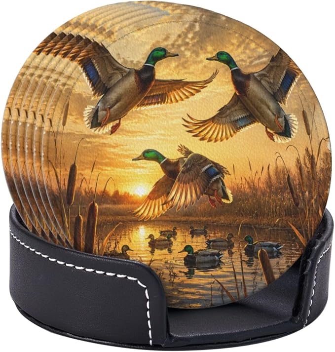 Rustic Mallard Ducks Art Leather Coasters Set of 6 - Image 2