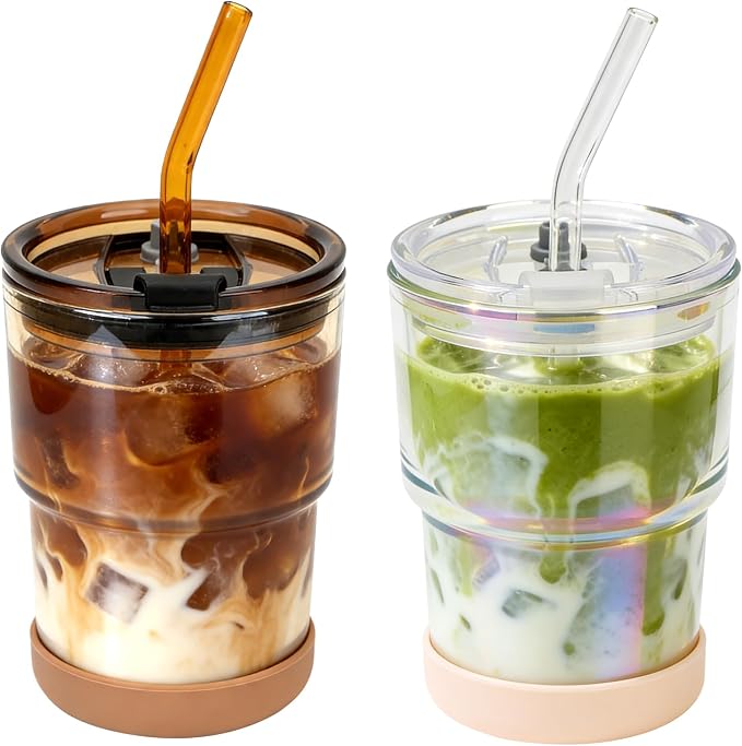 Zukro 13 oz Glass Cups with Lid and Straw 2 Pack, Non-Slip Rubber Bottom | Leak by ZukroDrinkware