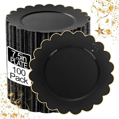 LIYH 100 Pcs Black Plastic Scalloped Plates - Disposable Dessert Plates with Elegant Gold Rim Cake Plate Disposable for Salad Parties Cass Reunions Wedding