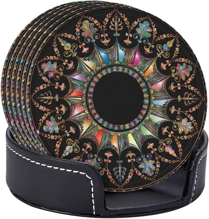 Drink Coasters with Holder Stand Set of 6, Mandala Flourish Floral Pu Leather - Image 2