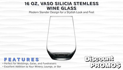 DISCOUNT PROMOS 10 Vaso Silicia Stemless Wine Glasses Set, 16 oz. - Clear, Orb-Like, Thick base - Black
