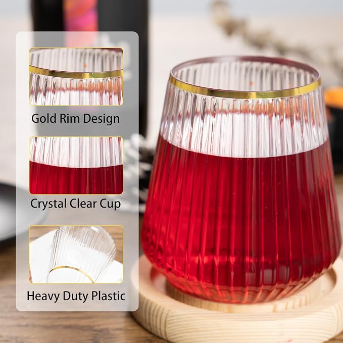 N9R 24PCS Plastic Wine Glasses Disposable, 14 oz Gold Rim Cocktail Spritz | - Image 3