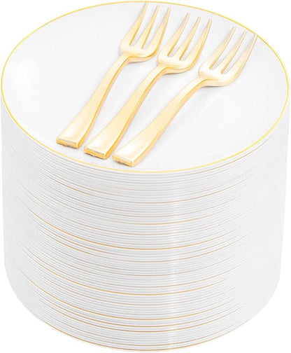Festiva 200Pcs Gold Dessert Plates 6.3" with Forks 5"- Small Disposable Dessert/Cake/Appetizer Plates Plates- serve 100 guests include 100Plates 100Forks for Wedding & Easter Party &Valentine's Day