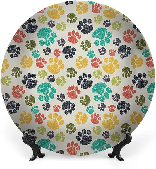 Ceramic Plates, Dog Lover Decorative Ceramic Plates, Cute Hand Drawn Paw Print Doodles, 10 Inch, Household Plates Decorative, Multicolor