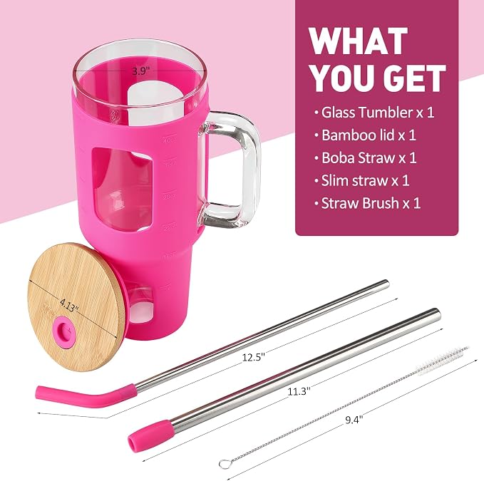 WINSA Glass Tumbler with Straw and Lid, Rose Red, 40 oz | Iced Coffee Cup with - Image 3