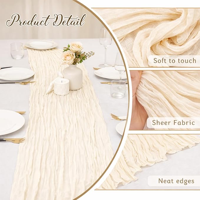 6 Pack Beige Cheesecloth Table Runner 22x120 Inch | Boho Gauze Table Runner - Image 2