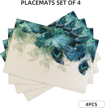 Teal Peacock Feathers Placemats Set of 4 Beautiful Blue Turquoise Floral Linen Washable Place Mats Kitchen Dining Green Leaf Heat-Resistant Desktop Decor Table Mats 12x18 Inch