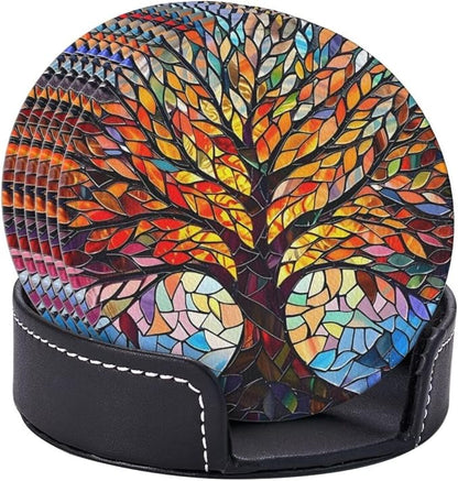 Drink Coasters with Holder Stand Set of 6, Tree of Life Stained Glass Pu - Image 2