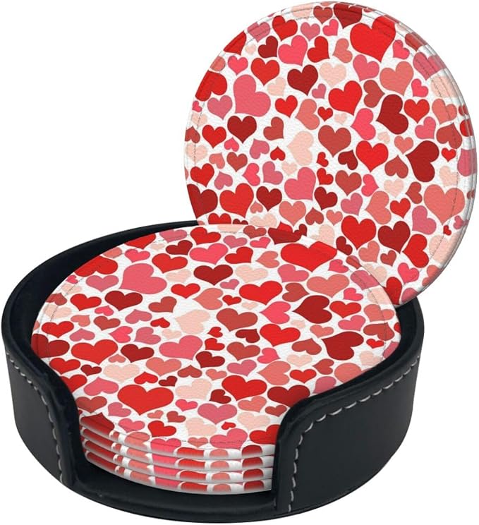 Drink Coasters with Holder Stand Set of 6, Heart Shaped Decoration Pu Leather - Image 8