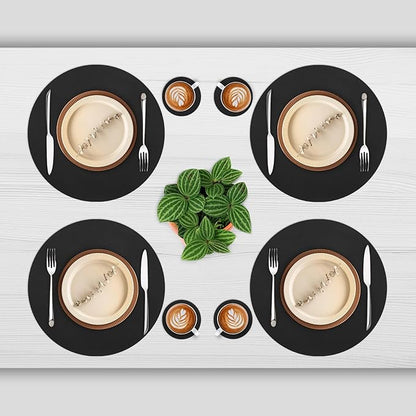 Myir JUN Round Placemats Set of 6 Faux Leather Place Mats and Coasters 15 inch Round Table Mats Dual Sided Non-Slip Stain Resistant Placemats (Black 01, Set of 6)