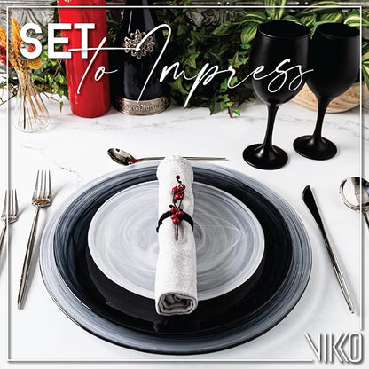 Vikko Lunch Plates, Set of 6 White Alabaster Plates, 8.5" Plate with Marbelized, Swirl Design, Elegant Glass Entree Plate, Dishwasher Safe