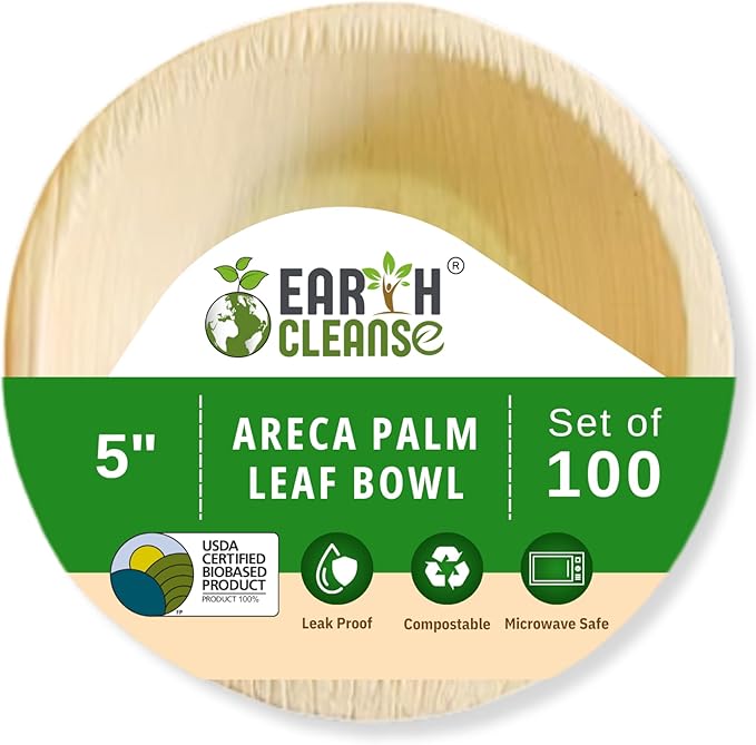 5" Areca Palm Leaf Round Bowls Compostable Biodegradable Eco-Friendly Bowls Natural Disposable Bowls, Perfect for Picnic Catering, Dessert, and Wedding (Pack of 100)
