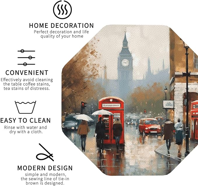 4Pcs Leather Coaster for Drinks London Impression Cup Coasters Aesthetic Drink - Image 3