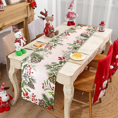Christmas Winter Table Runner, Holly Berry Pine Cone Needle Branch Table - Image 7