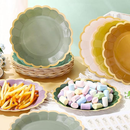 96 Pcs Nature Wedding Paper Plates 9 Inch Sage Green Purple Scalloped Paper Disposable Dinner Dessert Plates for Birthday Wedding Bridal Party Supplies, 6 Colors