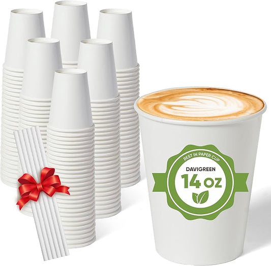 Paper Cups 14 oz – 100 Disposable Coffee Cups with 50 Paper Straws | Hot Cups for Coffee & Tea up to 150°F | Food-Contact Compliant Paper (FDA 21 CFR 176.170)
