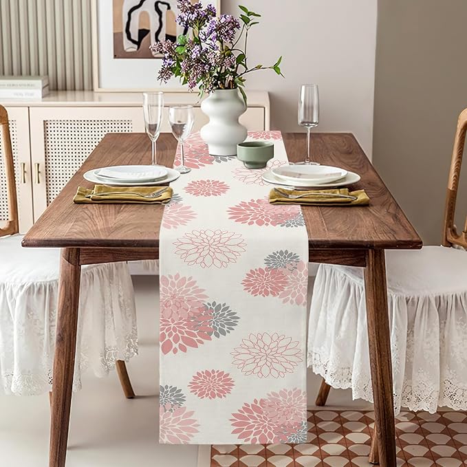 Pink Gray Table Runner Dahlia Pinnata Flower Beige Table Runners Modern Elegant - Image 4