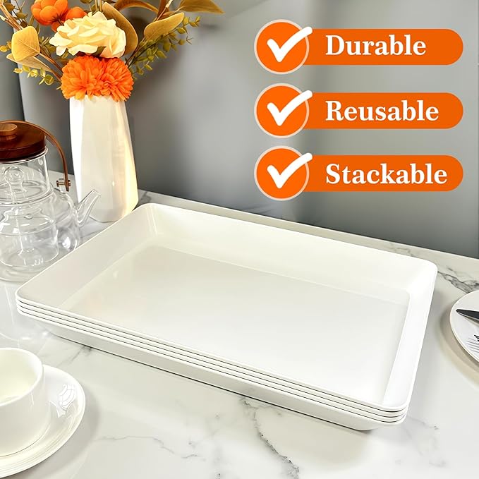 Serving Tray Platter, 4 Pack Food Tray for Veggie Fruit Snack Dessert Cookie Cheese, Food Trays for Party Supplies Display, Plastic Platters for Serving Food, Large White Trays, BPA Free