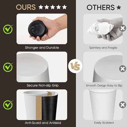 100 Pack 16 oz Disposable Coffee Cups with Lids and Straws, Insulated Ripple Wall To Go Paper Corrugated Cups, Bulk for Hot/Cold Drinks, Cafe Bar, Office, Chocolate, Cocoa (Black)