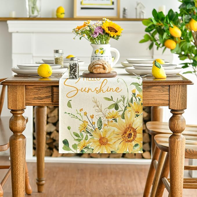 Artoid Mode Hello Sunshine Sunflower Eucalyptus Summer Table Runner, Seasonal - Image 2