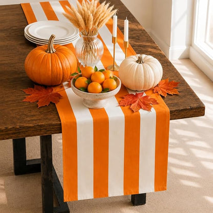 Folkulture Fall Table Runner 108 Inches Long | Orange & White Striped | Table by FOLKULTURE