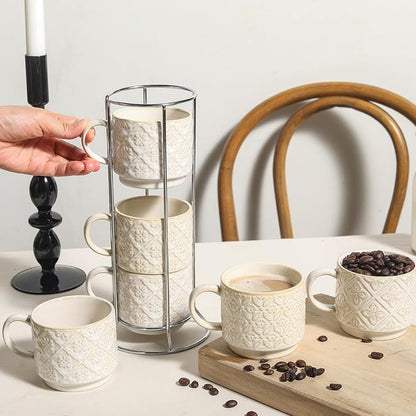 6 Oz Coffee Mugs with Stand, Stackable Coffee Cups Set of 4, Ceramic Espresso - Image 6