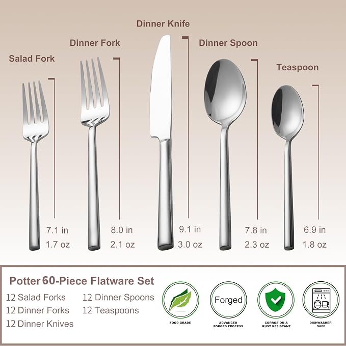 Alata Potter 60-Piece Forged Silverware Set Stainless Steel Flatware Set - Image 5