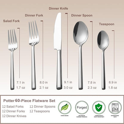 Alata Potter 60-Piece Forged Silverware Set Stainless Steel Flatware Set - Image 5