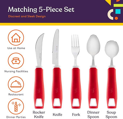 Special Supplies Adaptive Utensils 5-Piece Set Non-Weighted, Non-Slip Handles for Hand Tremors, Arthritis, Parkinson’s or Elderly Use - Stainless Steel Knife, Rocker Knife, Fork, Spoons - Red