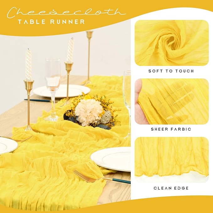 YMHPRIDE 12 Pack Cheesecloth Table Runner 35x120in Yellow Table Runner | Boho - Image 4