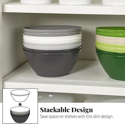 US Acrylic Unbreakable 28 oz. Plastic Stackable Cereal Bowls for Snacks & Ice Cream in Grey Colors (Set of 8) 6-inch Reusable, BPA-Free, Made in the USA, Dishwasher Safe Dinnerware