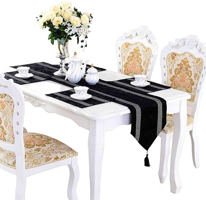 Elegant Bling Rhinestone Black Table Runner, Ombre Velvet, Double-Layer - Image 2
