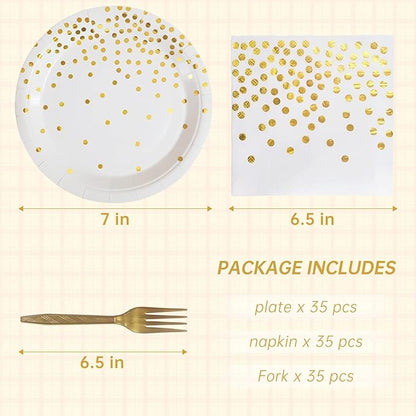 White and Gold Paper Plates Napkins Party Supplies,Disposable Gold Dot Paper Dessert Plates,105 PCS Birthday Plates and Napkins Party Supplies for Wedding(Serves 35 Guests 7")