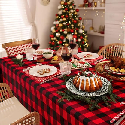 misaya Rectangle Waterproof Vinyl Table Cloth, Buffalo Flannel Backed Tablecloth, Wipeable Plastic Table Cover for Christmas (60" x 84", Red and Black)