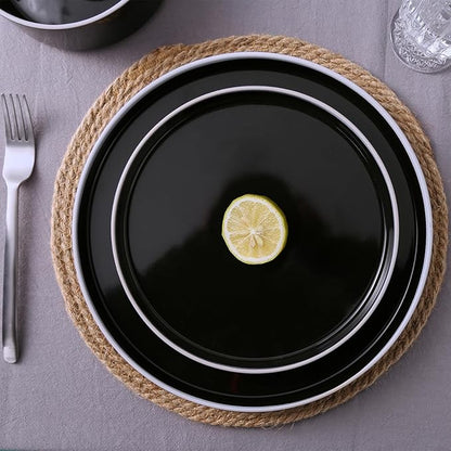 Famiware Nebula Plates and Bowls Sets for 4, 12 Pieces Stoneware Dinnerware Set, Microwave and Dishwasher Safe Dishes Set, Black with White Rim