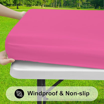 Smiry Rectangle Tablecloth, Elastic Fitted Flannel Backed Vinyl Tablecloths for 6ft Folding Tables, Waterproof Wipeable Table Covers for Indoor, Outdoor, Camping and Picnic (Rose Pink, 30"x72")