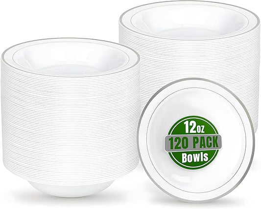 bUCLA 120 Pack Disposable Plastic Bowls 12oz - Elegant White & Silver Trim Party Bowls for Salad, Soup, Dessert - Heavy Duty Disposable for BBQ, Weddings and Christmas