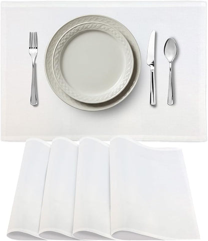 Premium European Cloth Table Linen Placemats - 56% Cotton 44% Linen Fabric, Jacquard Woven Design - For All Occasions or Daily Use - Machine Washable - Carlo Lamperti Italy - White, 20"x14" (Set of 4)