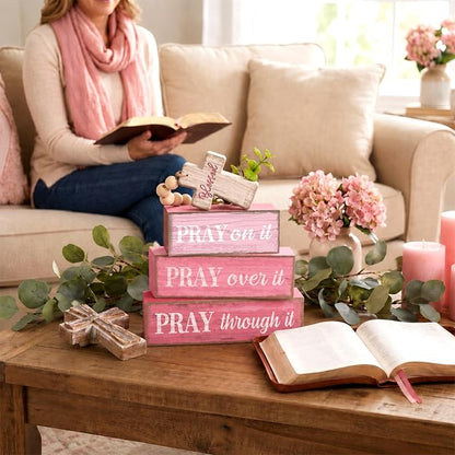 Moucuny 4 Pcs Pink Christian Table Decor Cross Wooden Bible Verse Sign - Image 5