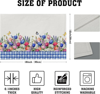 Tulip Placemats - Spring Easter Place Mats Set of 4 Blue Floral Plaid Place Mat 12x18 for Party Kitchen Dining Home