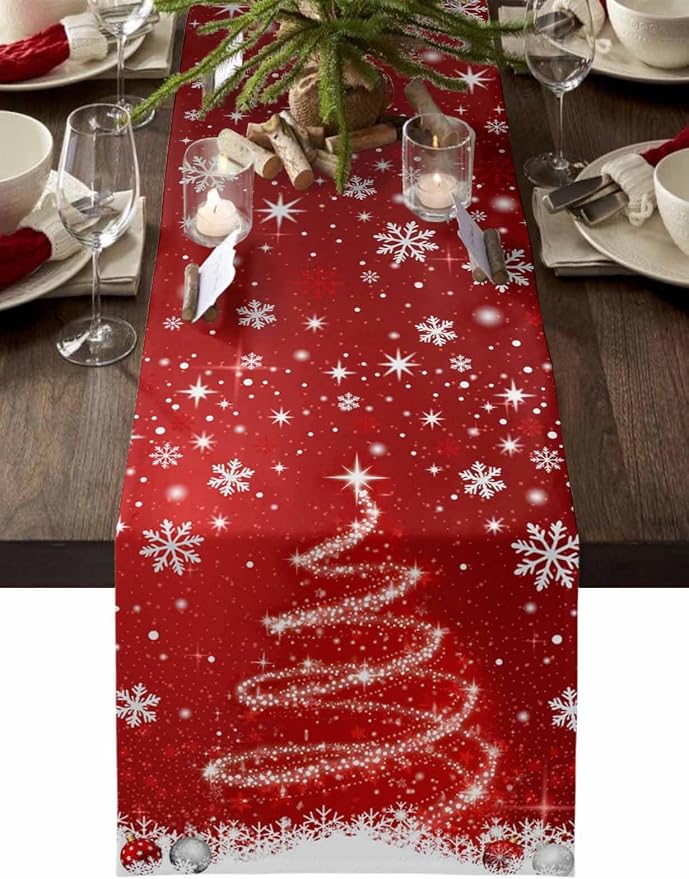 Red Christmas Table Runner 120 Inches Long, Xmas Tree Balls Snowflake Table by Unknown
