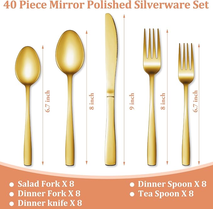 40 Pcs Gold Silverware Set, Stainless Steel Flatware Set - Image 2