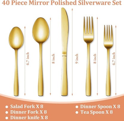 40 Pcs Gold Silverware Set, Stainless Steel Flatware Set - Image 2